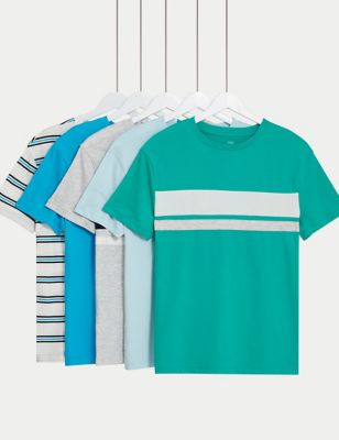 M&S Boys 5pk Cotton Rich Plain & Striped T-Shirts (6-16 Yrs) - 12-13 - Multi, Multi
