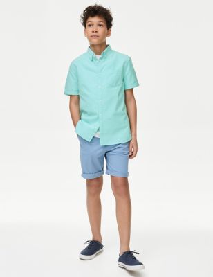 M&S Boys Pure Cotton Plain Shirt (6-16 Yrs) - 9-10Y - Soft Pink, Soft Pink,Blue,White,Mint,Lilac