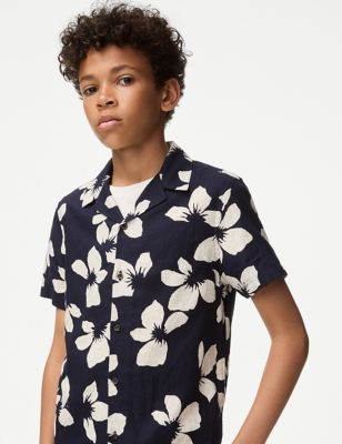 M&S Boys Linen Rich Floral Mini Me Shirt (6-16 Yrs) - 7-8 Y - Navy Mix, Navy Mix