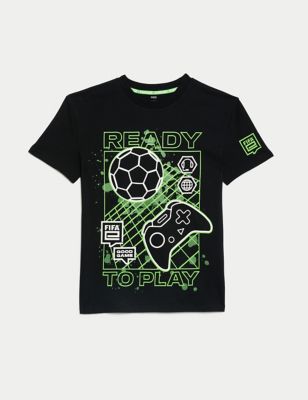 M&S Boys Pure Cotton FIFA Gaming T-Shirt (6-16 Yrs) - 7-8 Y - Black, Black