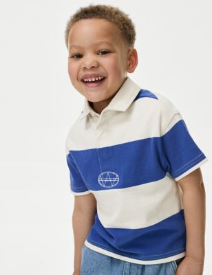 M&S Boys Pure Cotton Striped Rugby Shirt (2-8 Yrs) - 7-8 Y - Bright Blue Mix, Bright Blue Mix
