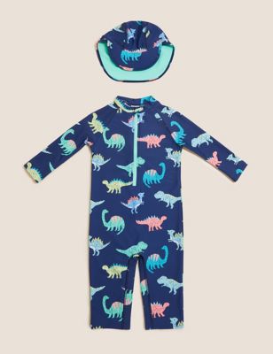 M&S Boys Dinosaur All In One Swimsuit and Hat Set