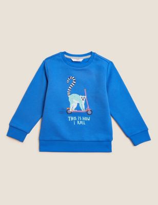 M&S Boys Cotton Rich Lemur Print Sweatshirt (2-7 Yrs) - 3-4 Y - Medium Blue, Medium Blue