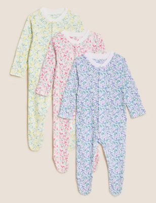 M&S Girls 3pk Pure Cotton Printed Sleepsuits (0-3 Yrs)