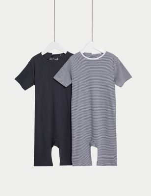 M&S 2pk Adaptive Pure Cotton Rompers (3-16 Yrs) - 9-10Y - Pewter, Pewter