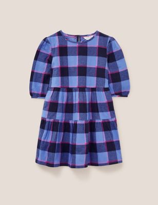 White Stuff Girls Pure Cotton Checked Tiered Dress (3-10 Yrs) - 9-10Y - Blue Mix, Blue Mix
