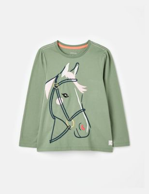 Joules Girls Cotton Rich Horse Top (2-8 Yrs) - 7y - Green Mix, Green Mix