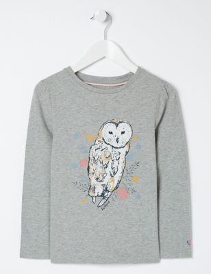 M&S Fatface Girls Pure Cotton Owl Top (3-13 Yrs)