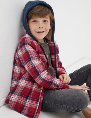 Fatface Boys Pure Cotton Checked Hooded Shacket (3-13 Yrs) - 12-13 - Red Mix, Red Mix
