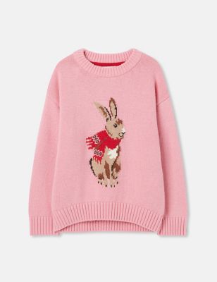 Joules Girls Cotton Rich Hare Jumper (1-12 Yrs) - 7-8 Y - Pink Mix, Pink Mix