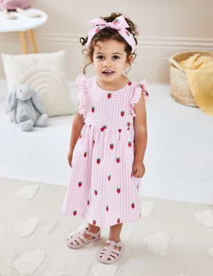 Jojo Maman Bebe Girls Pure Cotton Embroidered Gingham Dress (6 Mths-5 Yrs) - 18-24 - Light Pink Mix,