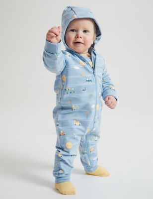Polarn O. Pyret Boys Cotton Rich Vehicle Print Hooded All in One (7lbs-12 Mths) - 6-9 M - Blue Mix, 
