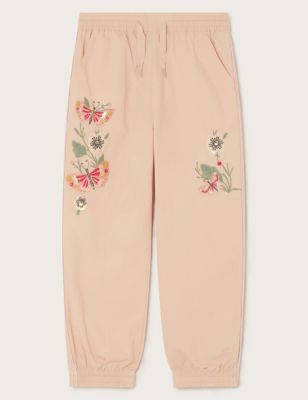 Monsoon Girls Pure Cotton Embroidered Cargo Trousers (3-13 Yrs) - 4y - Stone, Stone,Light Pink