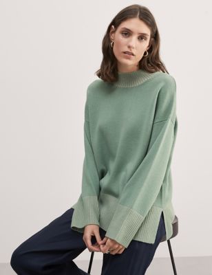 Jaeger Womens Wool Rich Funnel Neck Jumper with Cashmere - Green Mix, Green Mix