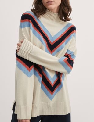 Jaeger Womens Wool Rich Striped Jumper with Cashmere - Ivory Mix, Ivory Mix