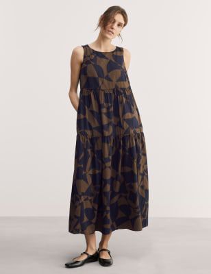Jaeger Womens Cotton Blend Printed Maxi Tiered Dress - 8 - Chocolate, Chocolate