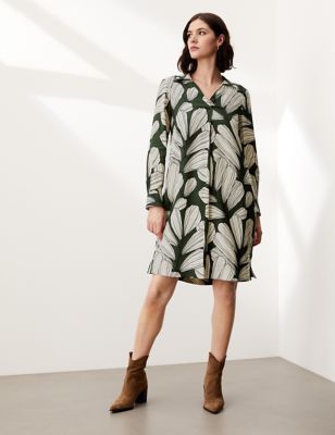 M&S Jaeger Womens Leaf Print V-Neck Mini Shift Dress