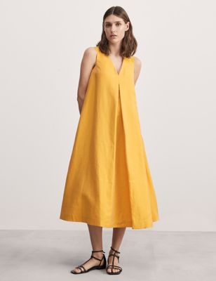 Jaeger Women's Linen Rich V-Neck Midi Swing Dress - 8 - Yellow, Yellow